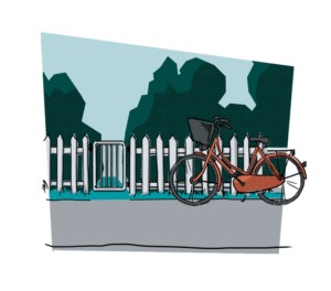 Illustration af en cykel foran en havelåge