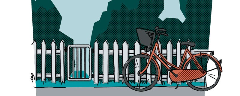 Illustration af en cykel foran en havelåge