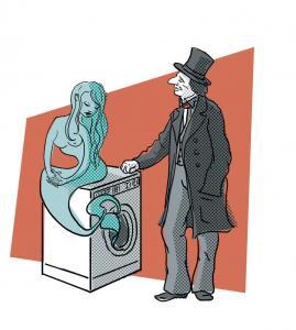 Illustration af HC Andersen, Den lille Havfrue og en vaskemaskine