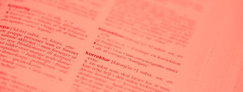 Rødt foto af ordet korrektur fra Nudansk Ordbog med Etymologi