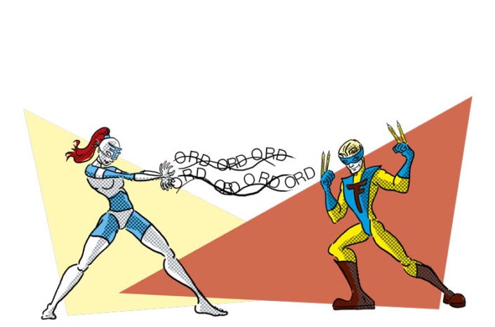 illustration af to superhelte, der kæmper mod hinanden