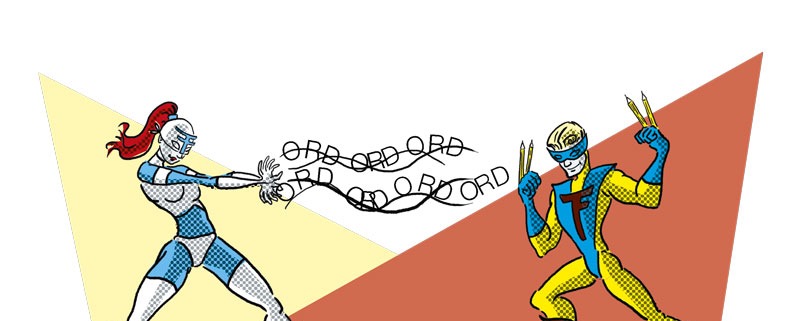 illustration af to superhelte, der kæmper mod hinanden